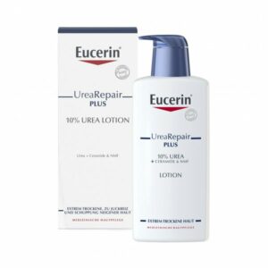 Flasche Eucerin UreaRepair Plus 10% Urea Lotion mit Verpackung, für trockene Haut, enthält Urea und Ceramide.