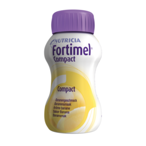 Flasche Fortimel Compact mit lila Schraubverschluss und gelben Akzenten, Geschmack Banane.