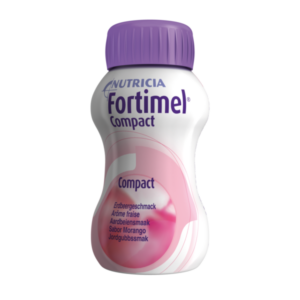 Flasche Fortimel Compact mit Erdbeergeschmack und lila Schraubverschluss, kompakte Form.