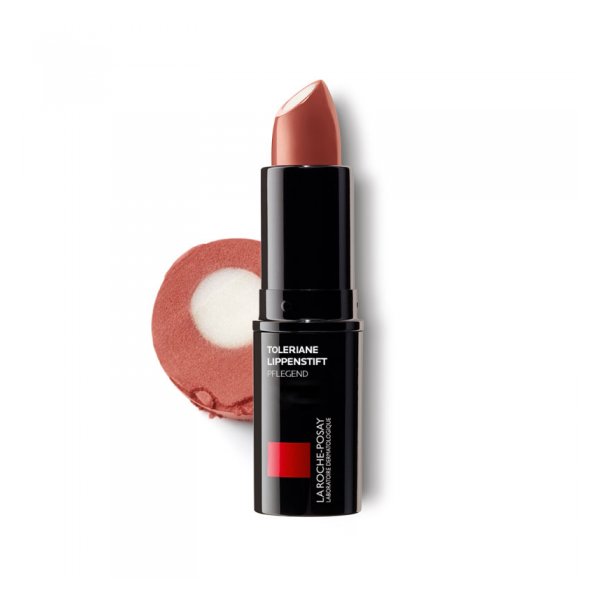 Lippenstift der Marke La Roche-Posay in schwarzem Gehäuse, mit leicht rosafarbenem Farbton und Pflegewirkung.