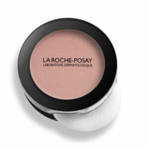 Runder Puderbehälter von La Roche-Posay mit zartem, rosafarbenem Puder und integriertem Puff.