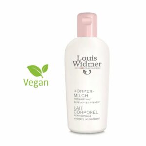 Flasche mit Körpermilch von Louis Widmer für normale Haut, vegan, mit rosa Verschluss.