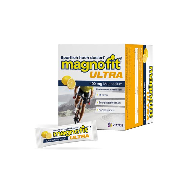 Verpackung von magnofit ULTRA mit Zitronenmotiv, 400 mg Magnesium für Muskeln, Energiewechsel, Nervensystem.