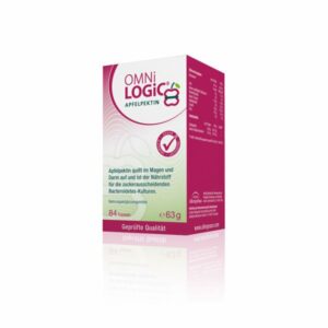Verpackung des Nahrungsergänzungsmittels OMNiLOGiC Apfelpektin mit 84 Kapseln, in rosa und weiß gehalten.