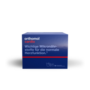 Verpackung von Orthomol Cardio, einem Nahrungsergänzungsmittel für die Herzfunktion in blauer Schachtel.