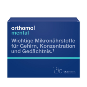Verpackung für Orthomol Mental mit blauer Grundfarbe und Beschreibung von Mikronährstoffen für Gehirn und Konzentration.