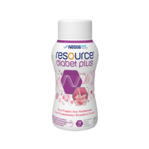 Flasche mit rosa Erdbeer-Geschmack von Nestlé, die für Diabetiker geeignet ist, mit fettem Hinweis auf geringen glykämischen Index.