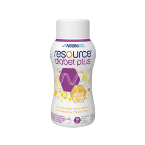 Verpackung eines flüssigen Nahrungsergänzungsmittels mit Vanillegeschmack, bereit für diabetesgerechte Ernährung.