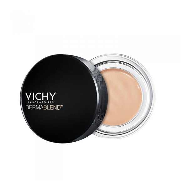 Runde, schwarze Dose mit Vichy Dermablend, die eine beiger Farbton enthält.