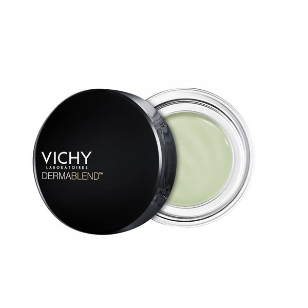 Runde, schwarze Verpackung mit silbernem Rand, die grünen Concealer von Vichy DERMABLEND zeigt.
