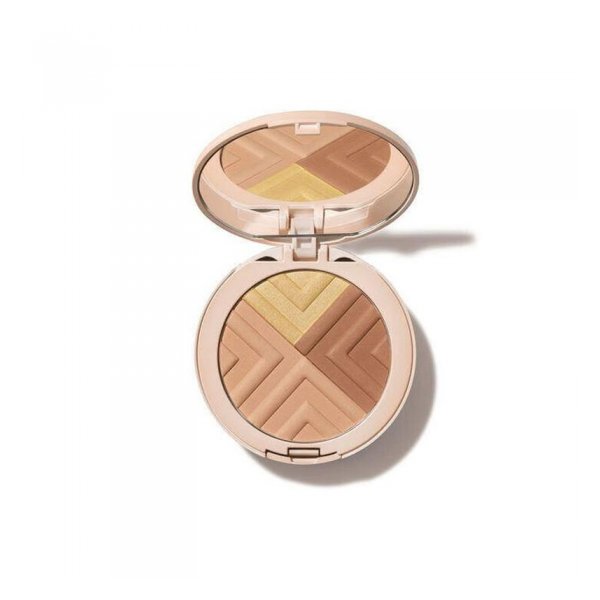 Runde, geöffnete Verpackung mit bronzefarbenem Puder und einem goldenen Abschnitt, geometrisches Muster im Inneren.