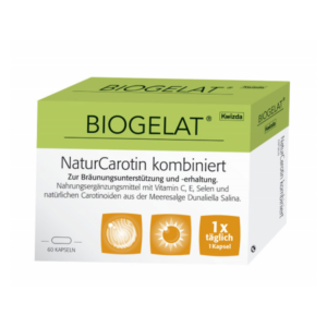 Verpackung des Nahrungsergänzungsmittels Biogelat NaturCarotin mit Kapseln zur Bräunungsunterstützung.