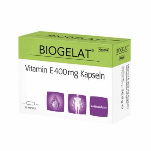 Verpackung von BI Gelat Vitamin E 400mg Kapseln, grüne Box mit Illustrationen und Hinweisen zur Anwendung.