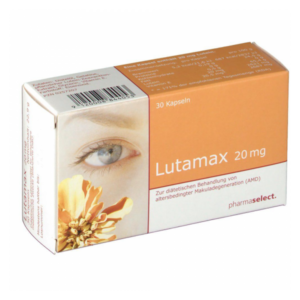 Verpackung von Lutamax 20 mg, 30 Kapseln, zur diätetischen Behandlung von altersbedingter Makuladegeneration