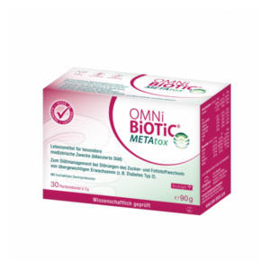 Verpackung von OMNi BiOTiC METAtox, einem Lebensmittel für besondere medizinische Zwecke zur Unterstützung des Diätmanagements.