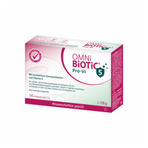 Verpackung von OMNi-BiOTiC Pro-Vi, enthält hochaktive Darmsymbionten und Vitamin D, 14 Portionsbeutel à 2 g.
