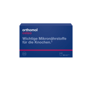 Verpackung von Orthomol Osteo mit Informationen über Mikronährstoffe für die Knochen, blaue Farbgestaltung.