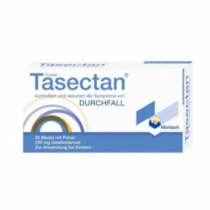 Verpackung von Tasectan Pulver zur Kontrolle und Reduzierung von Durchfallsymptomen, zur Anwendung bei Kindern.