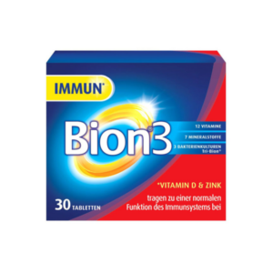 Verpackung von Bion3 Nahrungsergänzungsmitteln mit Fokussierung auf Immunfunktion, enthält 12 Vitamine und 7 Mineralstoffe.