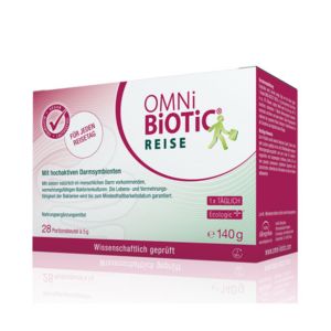 Verpackung von OMNi BiOTiC REISE, einem Nahrungsergänzungsmittel mit hochaktiven Darm-Symbionten für Reisen.