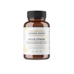 Braune Flasche mit schwarzem Deckel, beschriftet mit 'Heiße Zitrone' zur Unterstützung des Immunsystems, enthält Vitamin C und Zink.