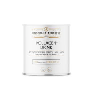 Weißer Behälter mit dem Aufdruck "KOLLAGEN+ DRINK" und Infos zu Inhalt und Inhaltsstoffen, laktose- und glutenfrei.