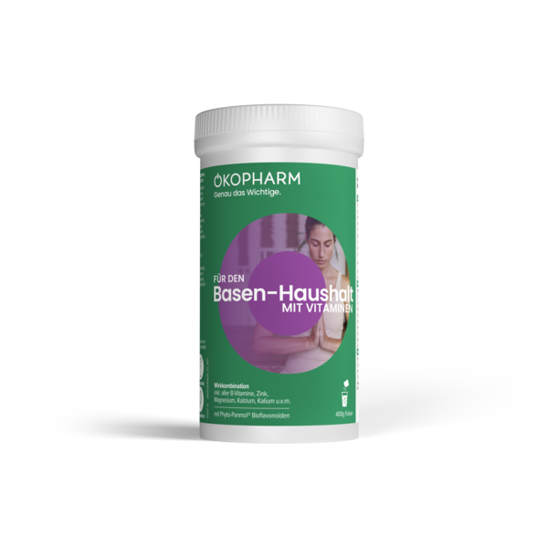 Rundes, grünes Pulvercontainer für Basenhaushalt mit Vitaminen, beschriftet mit Inhaltsstoffen und Dosierungshinweisen.