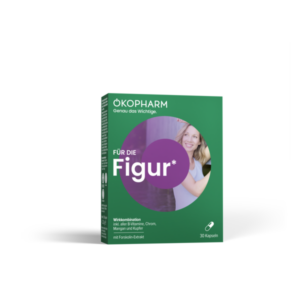 Verpackung von OKOPHARM für die Figur mit Kapseln, grünem Design und Informationen zu Inhaltsstoffen.