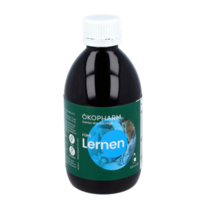 Dunkle Flasche mit weißem Schraubverschluss und grünem Etikett, beschriftet mit "Fürs Lernen" und dem Logo von ÖKOPHARM.