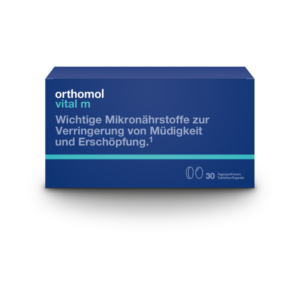 Verpackung von orthomol vital m, eine Nahrungsergänzung zur Verringerung von Müdigkeit und Erschöpfung.