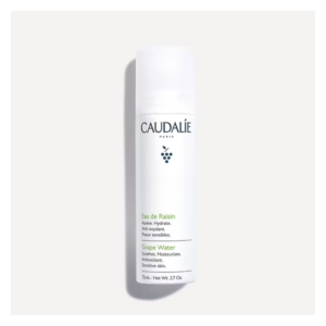 Flasche mit Traubenwasser von Caudalie, weiß mit grünem Text, für empfindliche Haut, 75 ml.