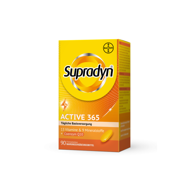 Packung Supradyn ACTIVE 365 mit Vitaminen, Mineralstoffen und Coenzym Q10 in gelber und orangefarbener Gestaltung.