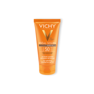 Sonnencreme mit hohem Lichtschutzfaktor 50 in einer orangefarbenen Tube, gel-artige Textur, für sonnengeschädigte Haut.