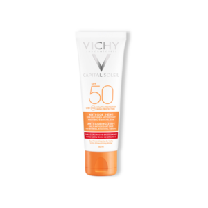 Sonnenschutzcreme in einer schlanken, weißen Tube mit orangefarbenen Akzenten und SPF 50 Aufdruck.