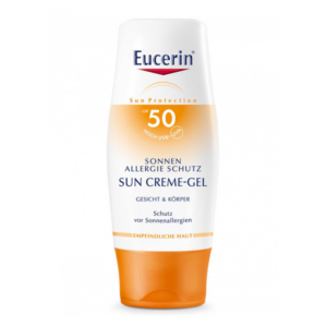 Eucerin Sun Creme-Gel mit Lichtschutzfaktor 50, für Gesicht und Körper, im weißen Flakon mit orangefarbenen Akzenten.