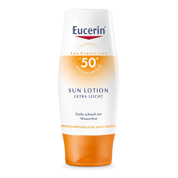 Eucerin Sonnenlotion mit LSF 50+, in einer weißen Flasche mit orangefarbenen Akzenten, für empfindliche Haut.