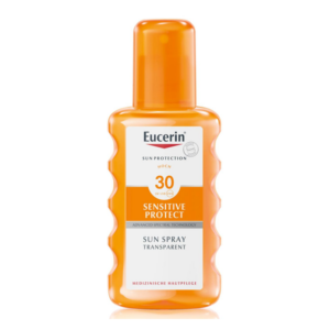 Flasche mit Eucerin Sonnen spray, LSF 30, orangefarbene Verpackung, für empfindliche Haut.