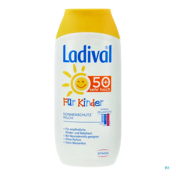 Flasche Lidival Sonnenmilch für Kinder mit Schutzfaktor 50+, gelber Deckel und sommerlichem Design.