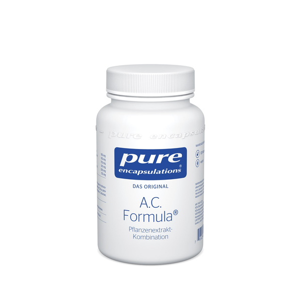 Weißes Kunststoffgefäß mit Schraubverschluss, beschriftet mit "A.C. Formula", einer Pflanzenextrakt-Kombination von Pure Encapsulations.