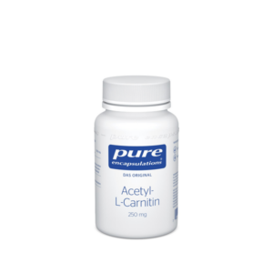 Weißes Fläschchen mit einem blauen Etikett, das Acetyl-L-Carnitin in einer Dosierung von 250 mg enthält.