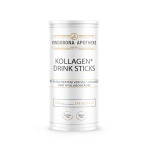 Weißer Behälter mit Kapseln für Kollagen-Drinksticks, beschriftet mit Inhaltsstoffen und Allergiehinweisen.