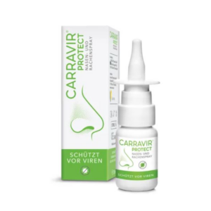 Flasche mit Carravir Protect Nasen- und Rachenspray in weiß mit grünen Akzenten, verpackt in einer umweltfreundlichen Box.