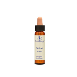 Braune Flasche mit Pipette, etikettiert mit "Walnuss" und "Original Bachblüten", von Healingherbs.