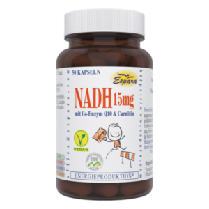 Braune Flasche mit 50 Kapseln NADH 15mg, Co-Enzym Q10 und Carnitin, vegan, mit Energiesymbol.