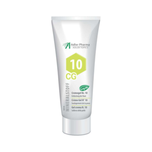 Tube mit Cremegel Nr. 10 für Hautentlastung, vegan, graue Verpackung mit grünem hexagonalem Logo.