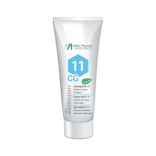 Weißer Tubus mit Cremegel Nr. 11 für Haut und Nägel, vegan, mit blauen und grünen Labels.