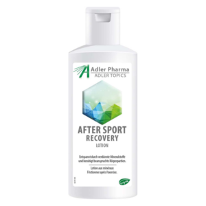 Flasche mit 'After Sport Recovery' Lotion von Adler Pharma, entspannende mineralstoffhaltige Hautpflege.