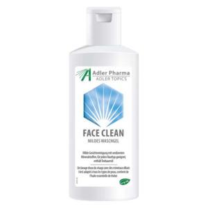 Weißer Flakon mit Flip-Top-Verschluss, etikettiert mit "FACE CLEAN mildes Waschgel" und blauer geometrischer Grafik.