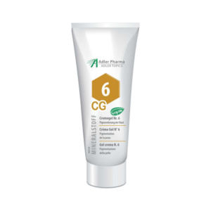 Tube mit Creme Gel Nr. 6 zur Hautpigmentierung, vegan, mit Mineralstoffen, auffälliger Grafik.