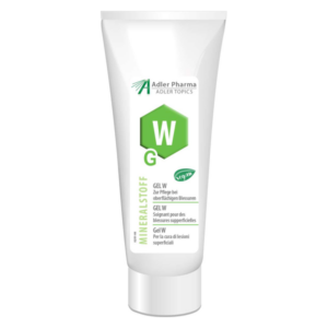 Tube mit Mineralstoffgel für die Pflege oberflächlicher Blessuren, vegan, verpackt im weißen Kunststoff mit grünem Etikett.